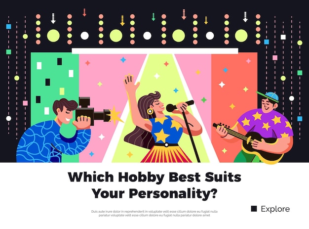 Choosing hobby suiting your personality bright colorful banner with singer guitar playing man and photographer
