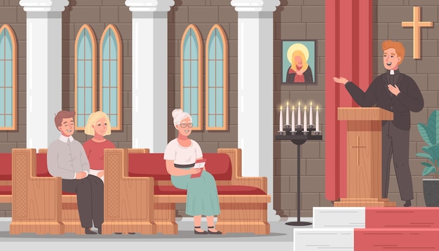 매스 서비스와 성직자가 벡터 삽화를 말하는 기독교 교회 만화 장면