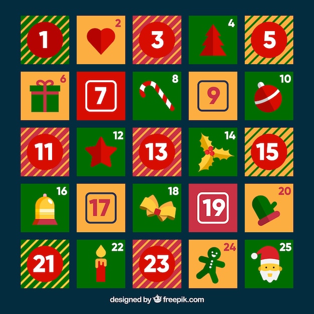 Vettore gratuito calendario di avvento di natale in colori vivaci