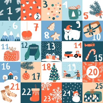 Рождественский календарь появления с числами. векторные зимние элементы подарков, игрушек, пряников, конфет, ели, медведя, уютных домиков, снежинок. Premium векторы