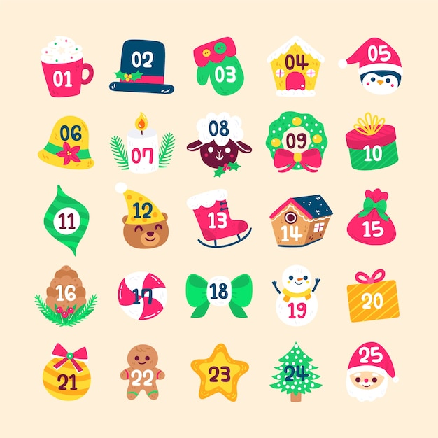 Free vector christmas advent calendar with traditional symbols in hand drawn