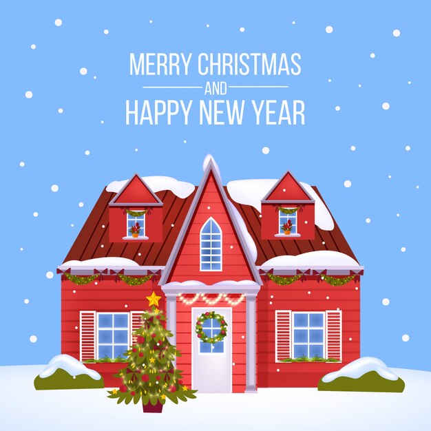 雪の漂流 松の木 月の夜の村とクリスマス冬の休日の家のイラスト プレミアムベクター