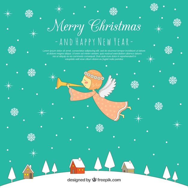 Free vector christmas angel flying over a small town