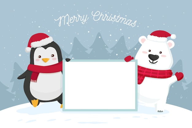 Christmas animal characters holding blank banner