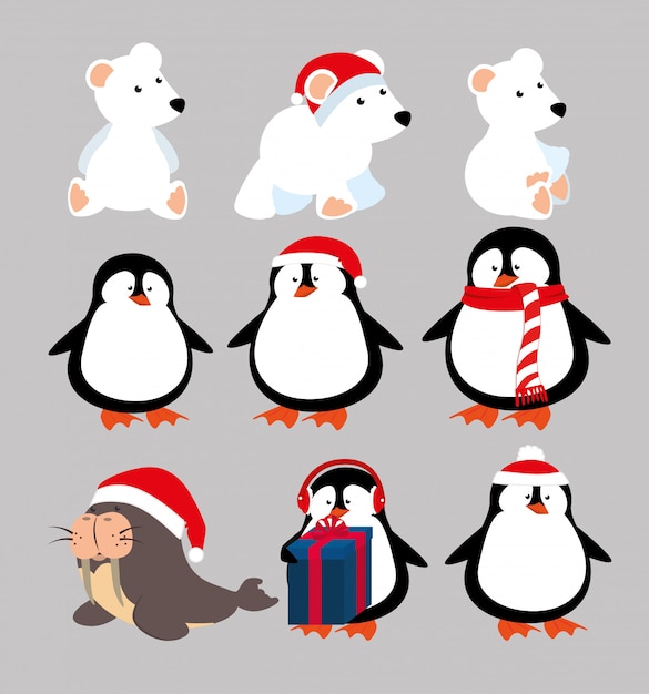 christmas animals with icons set 