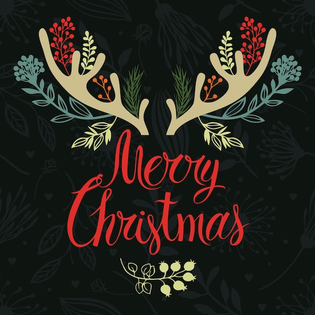 Free vector christmas antlers postcard cover design. calligraphy and forest herbs