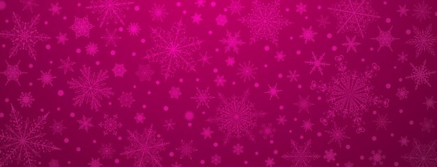 紫色のさまざまな複雑な大小の雪片のクリスマスの背景