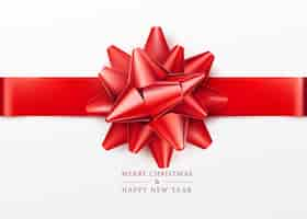 Free vector christmas background. white gift box with red bow and ribbon. top view. greeting text sign. merry xmas and happy new year.