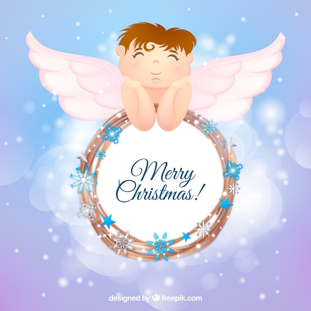 Free vector christmas background with an angel and a wreath