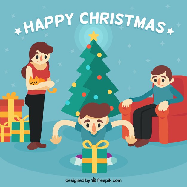 贈り物を開く子供とクリスマスの背景