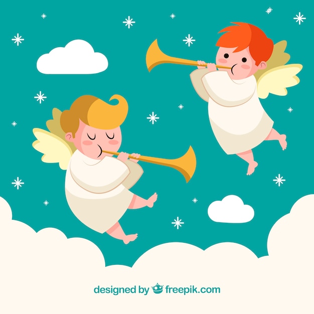 Free vector christmas background with cute little angels playing the flutes