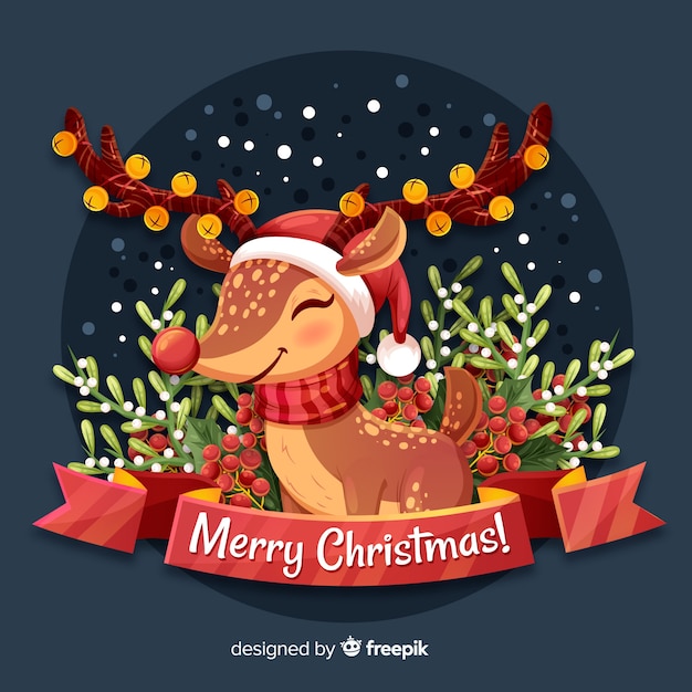 Free vector christmas background with a cute reindeer