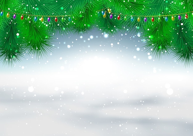 Christmas background with fir tree branches and snowflakes