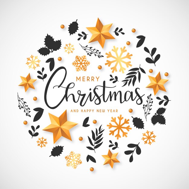 Christmas Background with Golden Ornaments and Hand Drawn Leaves