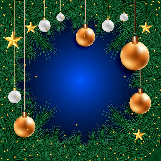 Christmas background with golden and silver Christmas balls and Christmas tree frame