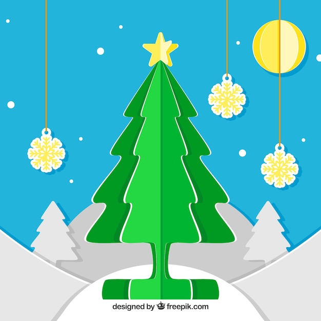 Free vector christmas background with a green christmas tree in paper style