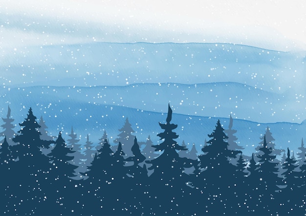 手描きの水彩画の木の風景とクリスマスの背景