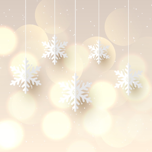 Christmas background with hanging snowflakes and bokeh lights design