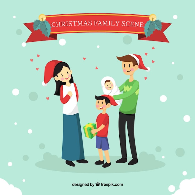 Christmas background with a happy family scene