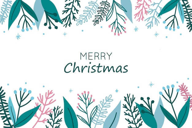 Christmas background with leaves and flowers on top and bottom