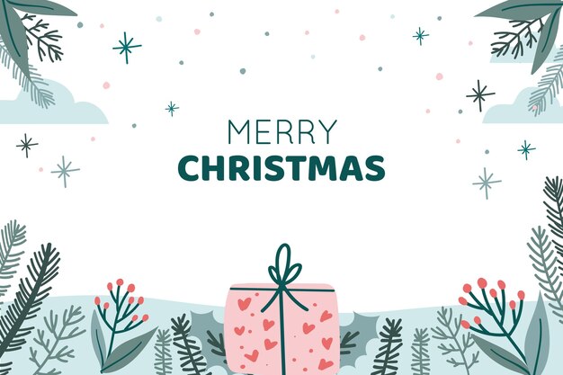 christmas background with leaves, plants and present