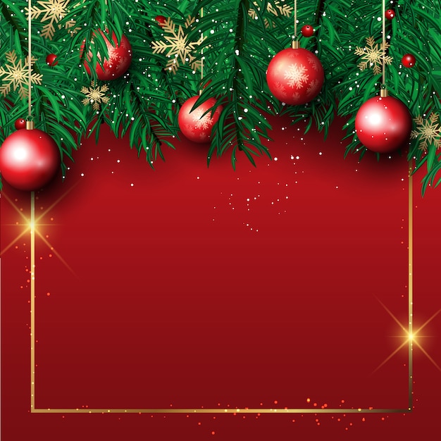 Christmas background with pine tree branches and hanging baubles