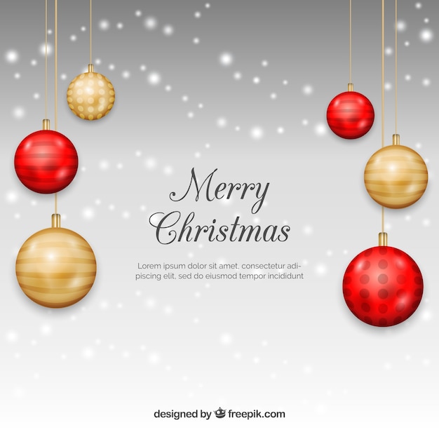 Christmas background with realistic golden and red baubles