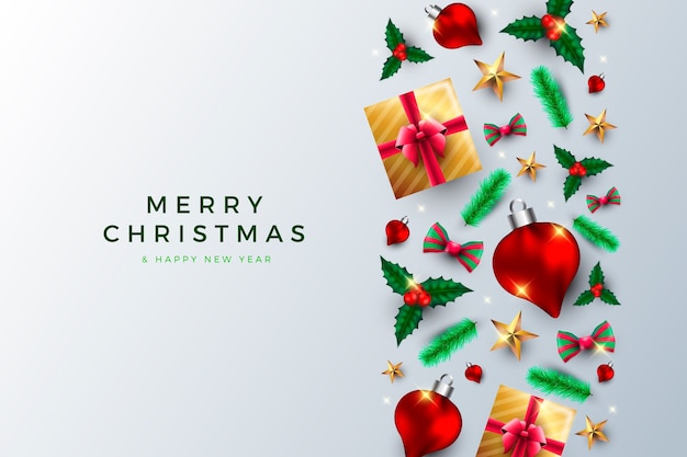 Christmas background with realistic presents and globes