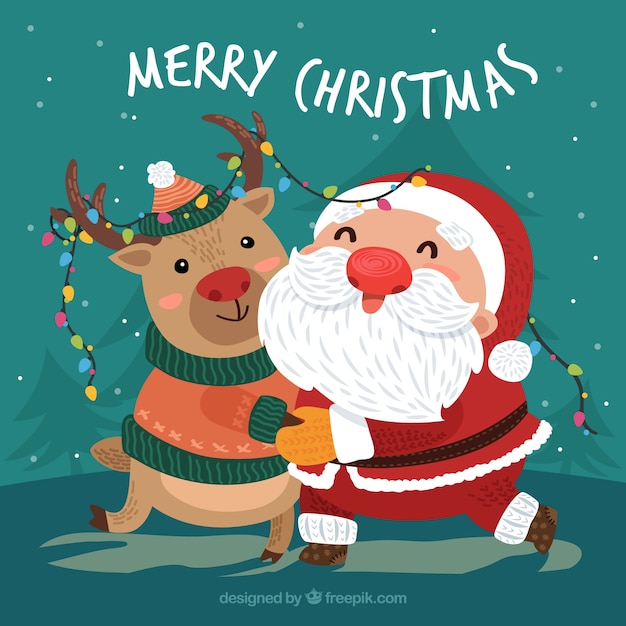 Free vector christmas background with santa claus embracing a reindeer