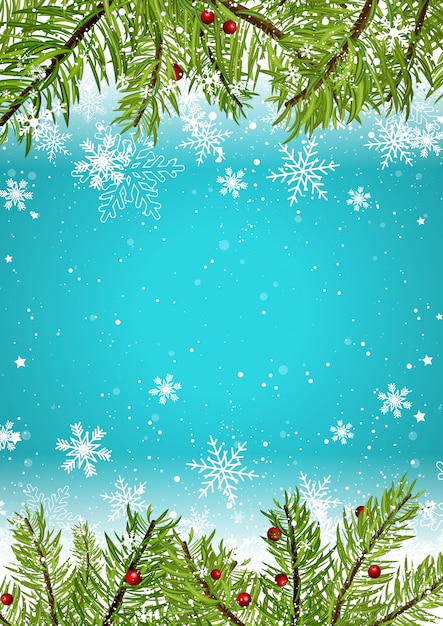 クリスマスの背景に雪片と松の木の枝