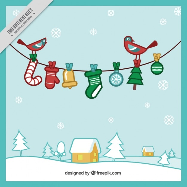 Free vector christmas background with snowy landscape and ornaments
