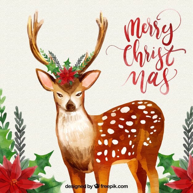 Christmas background with watercolor deer