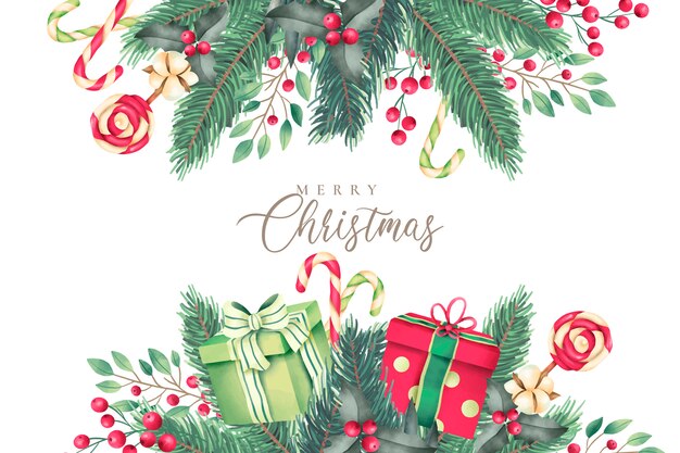 Christmas Background with watercolor nature and gifts