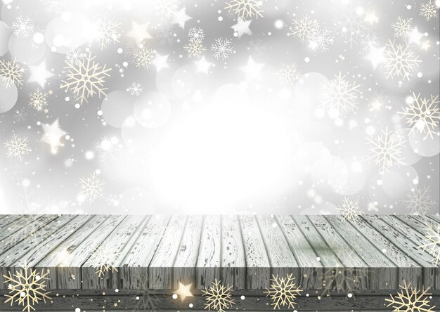 スノーフレーク デザインに対して木製のテーブルとクリスマスの背景