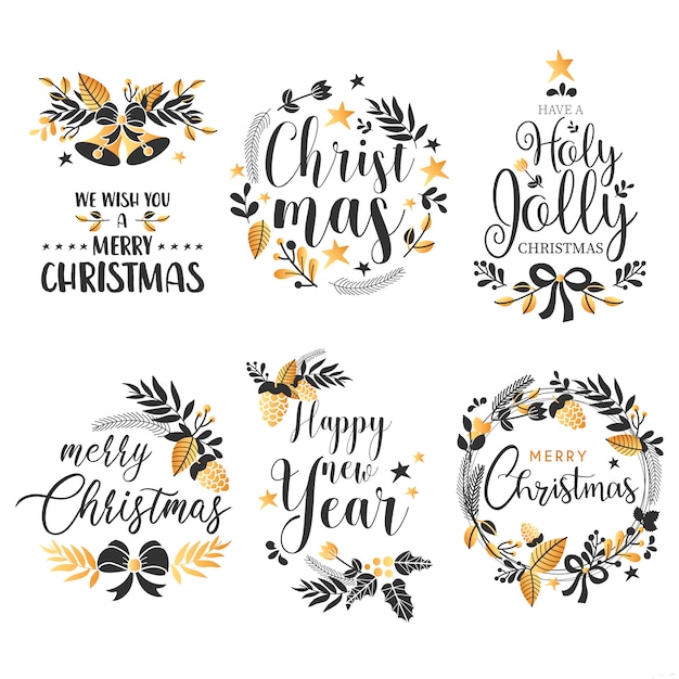 Christmas badge collection with quotes and golden ornaments