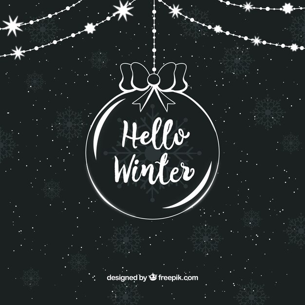 Christmas ball background with text "hello winter"