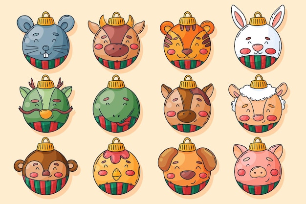 Рождественские шары в виде 12 китайских традиционных зодиакальных животных. двенадцать знаков азиатского календарного года, векторные иллюстрации рисованной, мультяшном стиле.