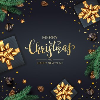 크리스마스 공, 황금빛 활이 있는 명절 선물, 소나무 콘이 있는 전나무 가지, 검은 배경에 빛나는 별. 그림은 크리스마스 디자인, 포스터, 카드, 웹사이트, 배너에 사용할 수 있습니다.