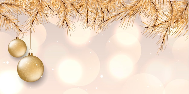 Free vector christmas banner with elegant design with gold pine tree branches and hanging baubles