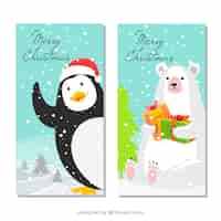 Бесплатное векторное изображение Рождественские баннеры со смешным пингвином и белым медведем