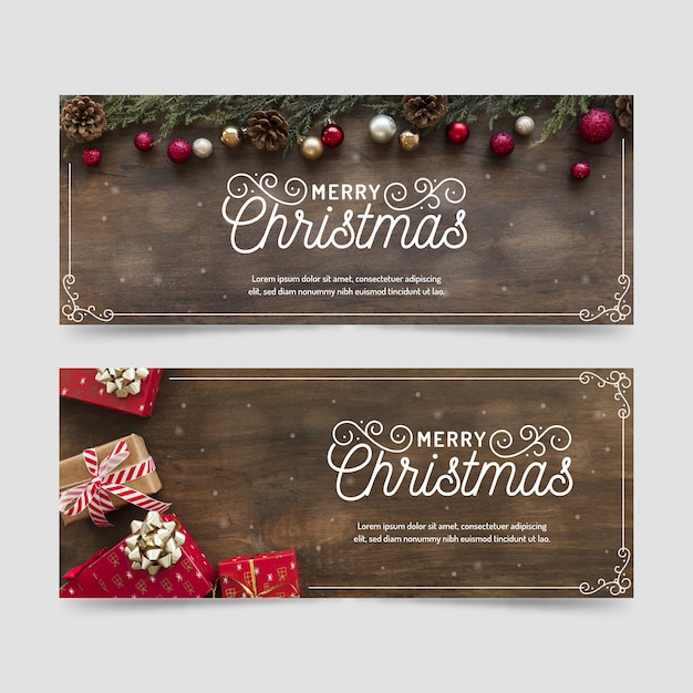 Бесплатное векторное изображение Рождественские баннеры с подарками на деревянном фоне