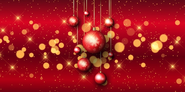 Free vector christmas bauble banner with bokeh lights