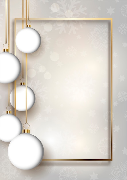 Free vector christmas baubles background with gold frame and snowflakes design