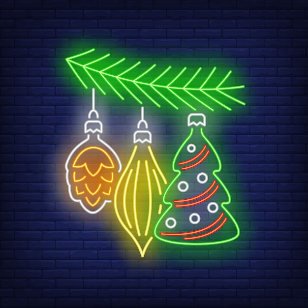 Free vector christmas baubles on fir tree twig neon sign