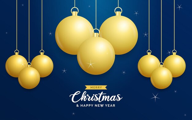 Christmas blue background with hanging shining golden balls merry christmas greeting card holiday xmas and new year poster web banner vector illustration