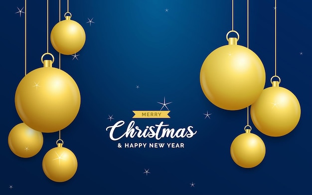 Vettore gratuito sfondo blu di natale con sfere dorate brillanti appese merry christmas greeting card holiday xmas and new year poster banner web vector illustration