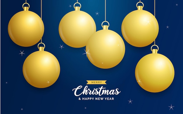 Free vector christmas blue background with hanging shining golden balls merry christmas greeting card holiday xmas and new year poster web banner vector illustration