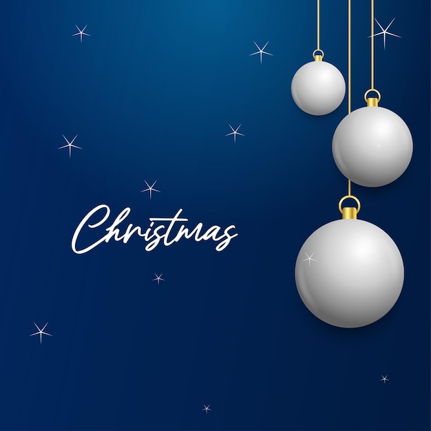 Free vector christmas blue background with hanging shining white and silver balls merry christmas greeting card vector illustration