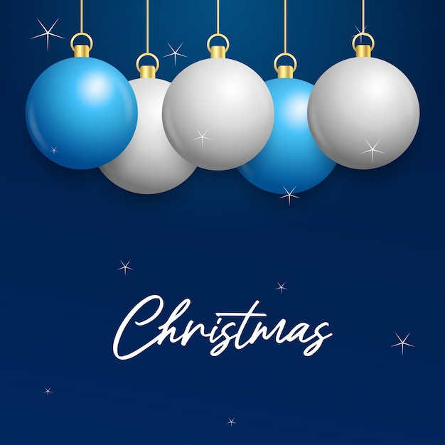 Free vector christmas blue background with hanging shining white and silver balls merry christmas greeting card vector illustration