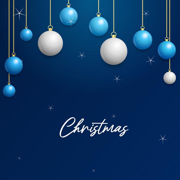 Sfondo blu di natale con appese sfere bianche e argento brillanti buon natale biglietto di auguri illustrazione vettoriale